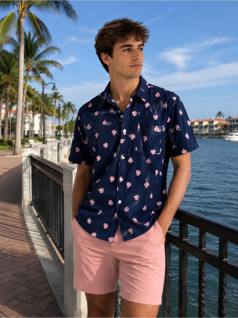 Tipsy Elves Navy Pink Peach Print Button-Up Shirt L Fun Novel summer shirt